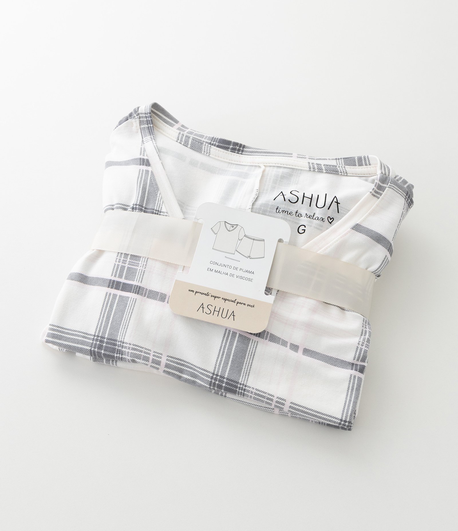 Pijama Curto em Viscose com Estampa Xadrez Curve & Plus Size Branco/Cinza 4