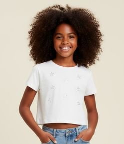 Camiseta Curta Infantil com Bordado Estrelas em Paetês - Tam 5 a 14 Anos