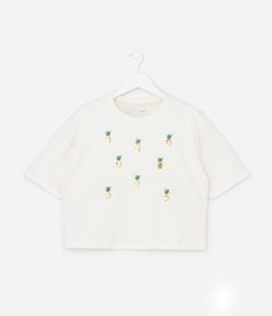 Camiseta Curta Infantil com Bordado Abacaxi em Paetês - Tam 5 a 14 Anos