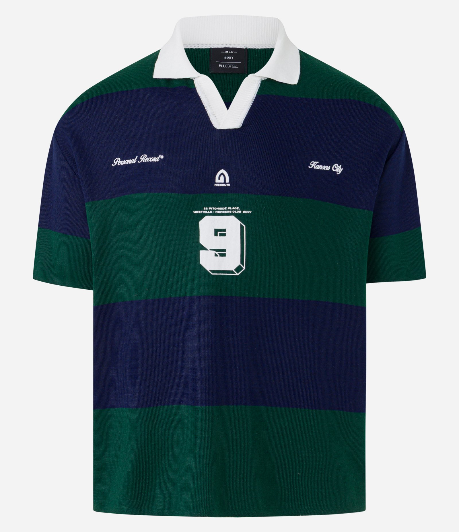 Camisa Boxy Sportcore em Tricô com Gola Colarinho V e Estampa de Listras Azul/Verde 8