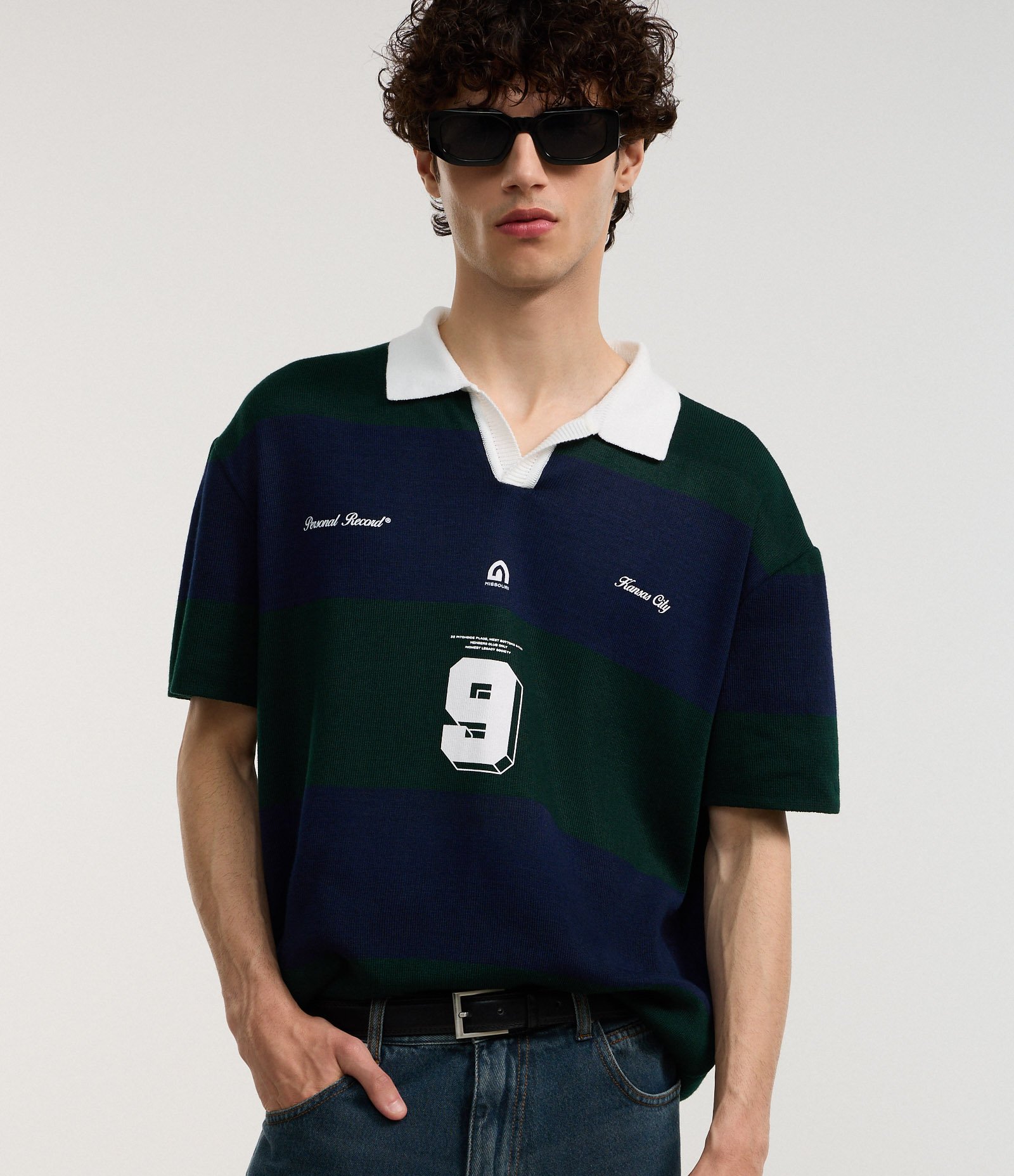 Camisa Boxy Sportcore em Tricô com Gola Colarinho V e Estampa de Listras Azul/Verde 1