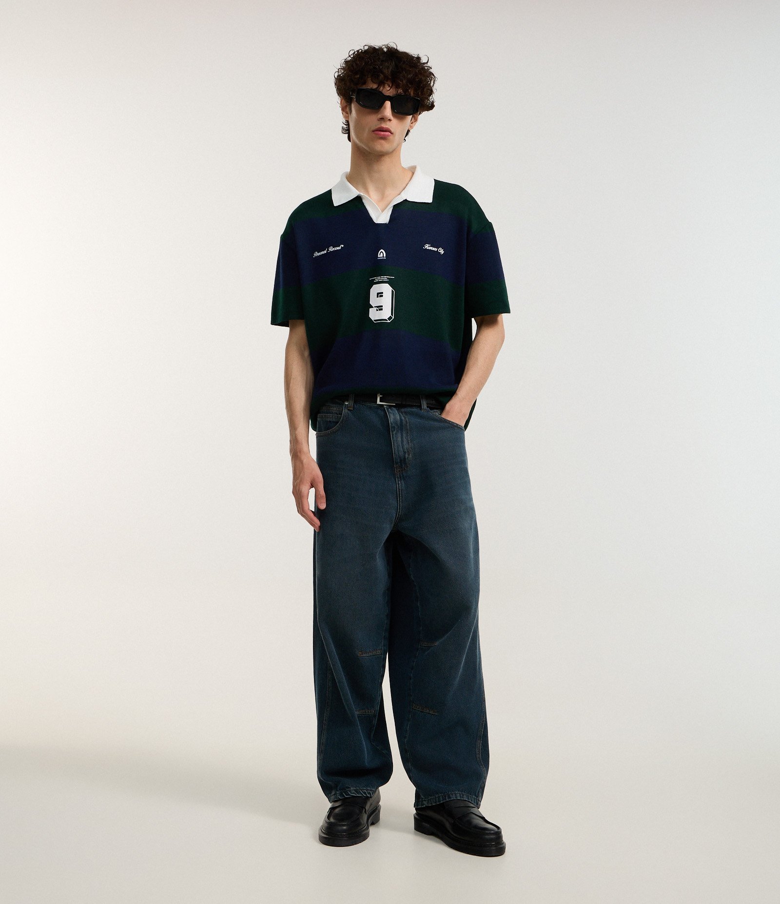 Camisa Boxy Sportcore em Tricô com Gola Colarinho V e Estampa de Listras Azul/Verde 2