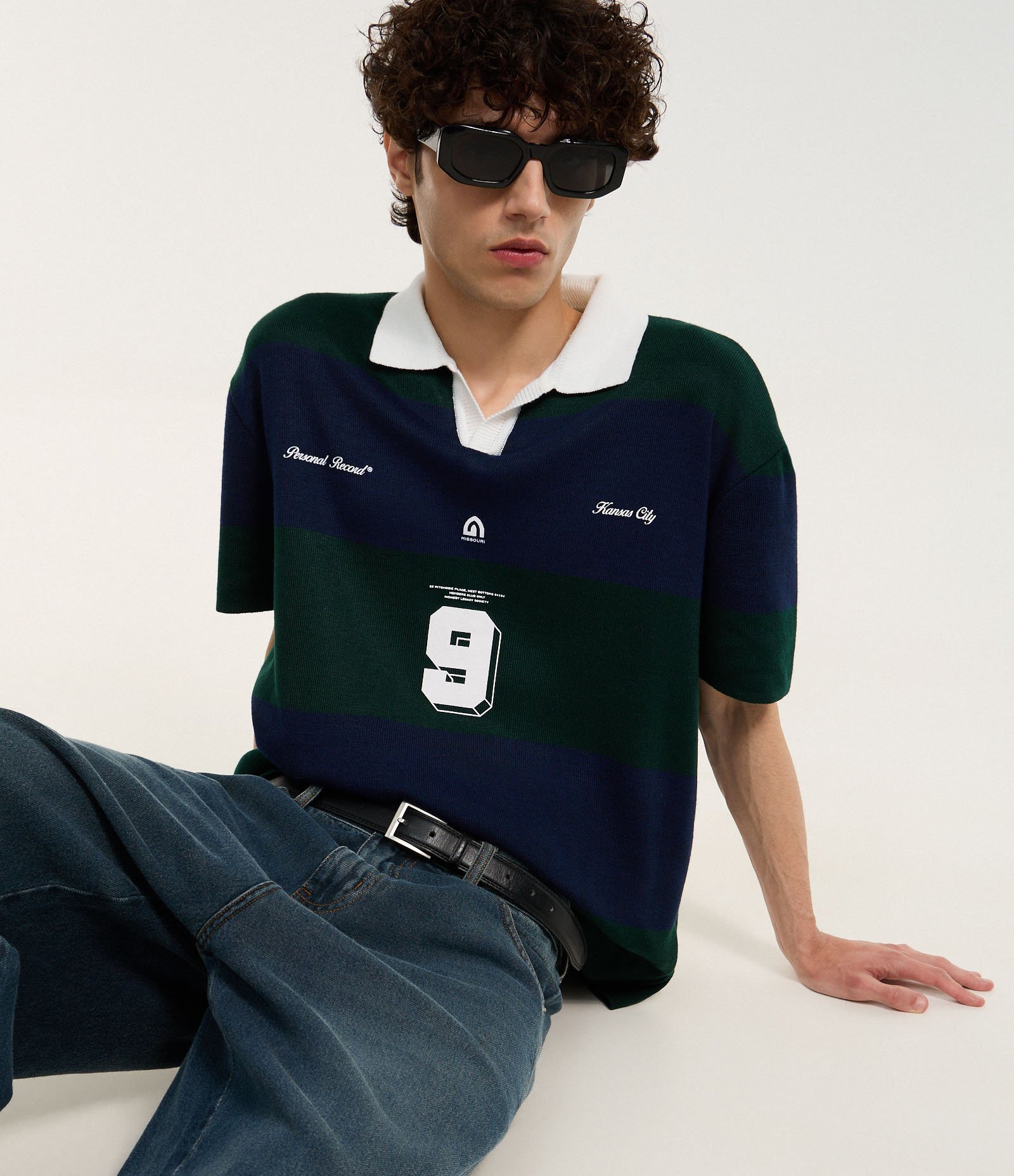 Camisa Boxy Sportcore em Tricô com Gola Colarinho V e Estampa de Listras Azul/Verde 4