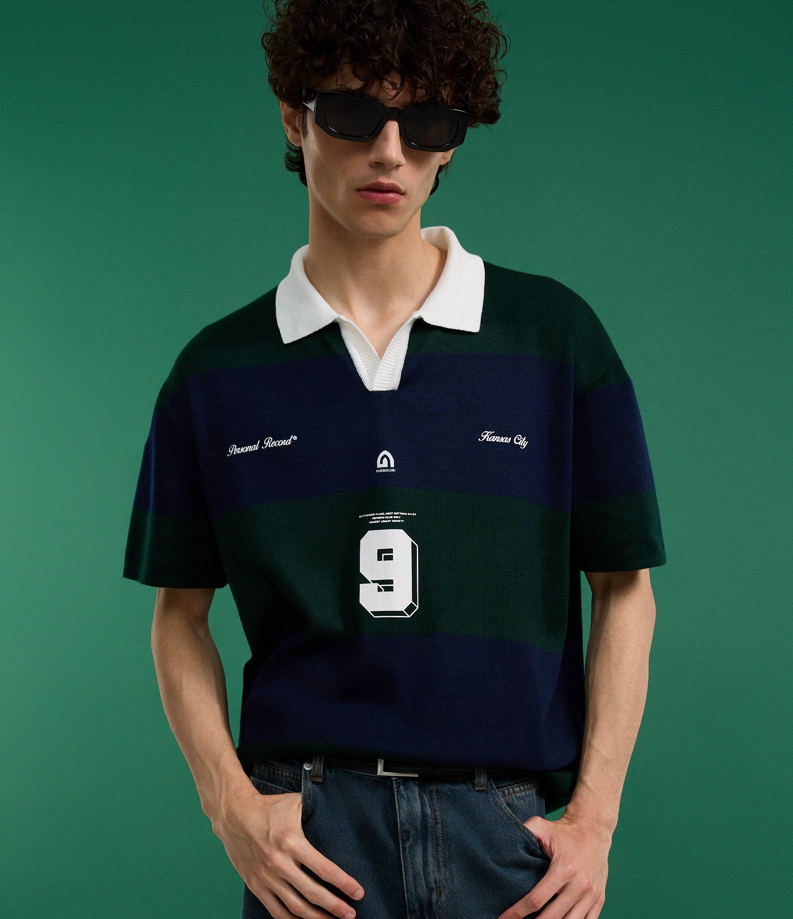 Camisa Boxy Sportcore em Tricô com Gola Colarinho V e Estampa de Listras Azul/Verde 6