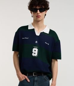 Camisa Boxy Sportcore em Tricô com Gola Colarinho V e Estampa de Listras