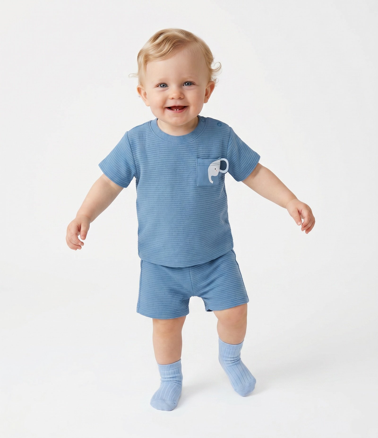 Conjunto Infantil com Elefante Interativo e Bermuda com Cordão – Tam RN a 18 Meses Azul 1