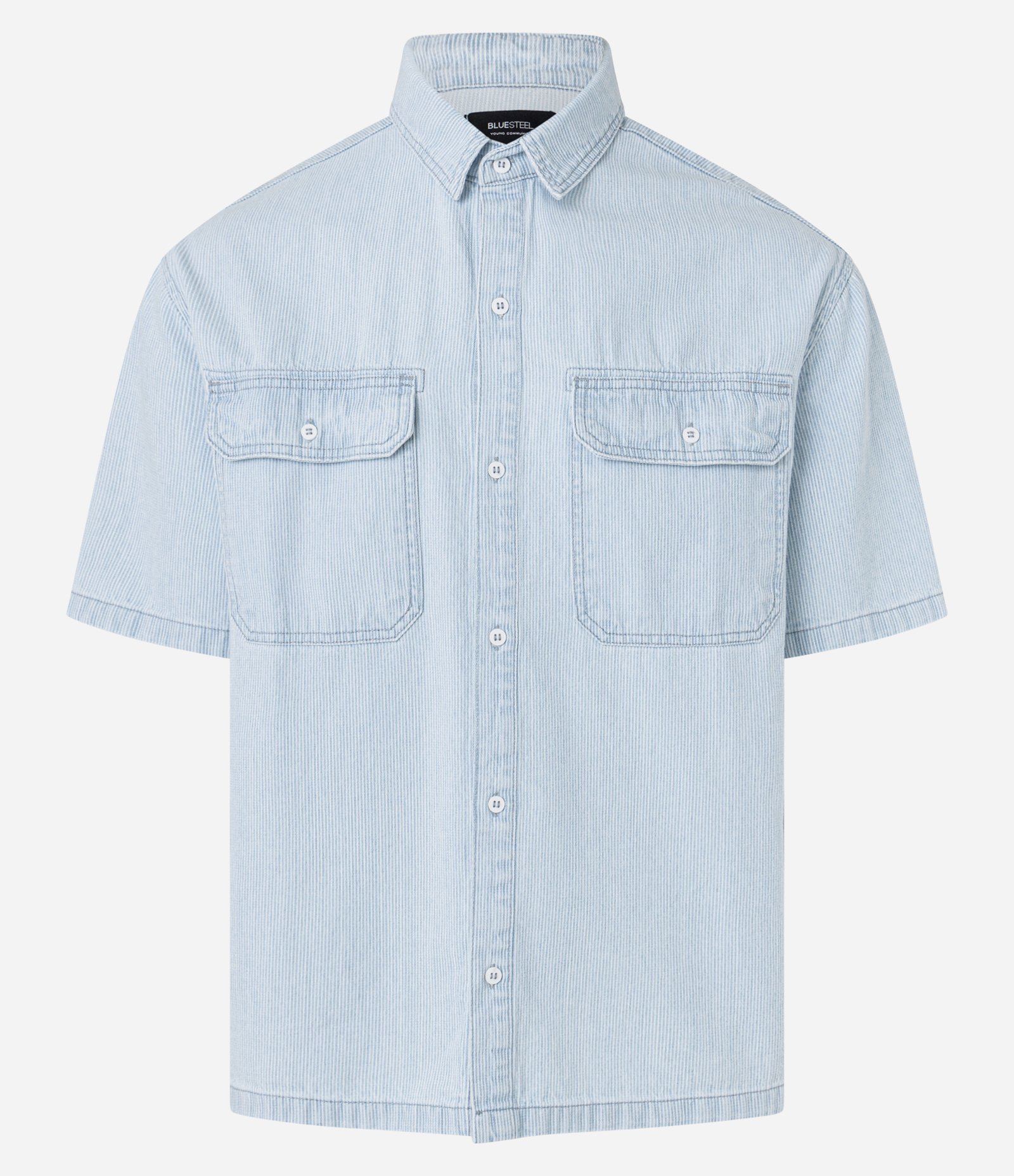 Camisa Boxy em Jeans com Estampa de Listras e Bolsos Azul 6