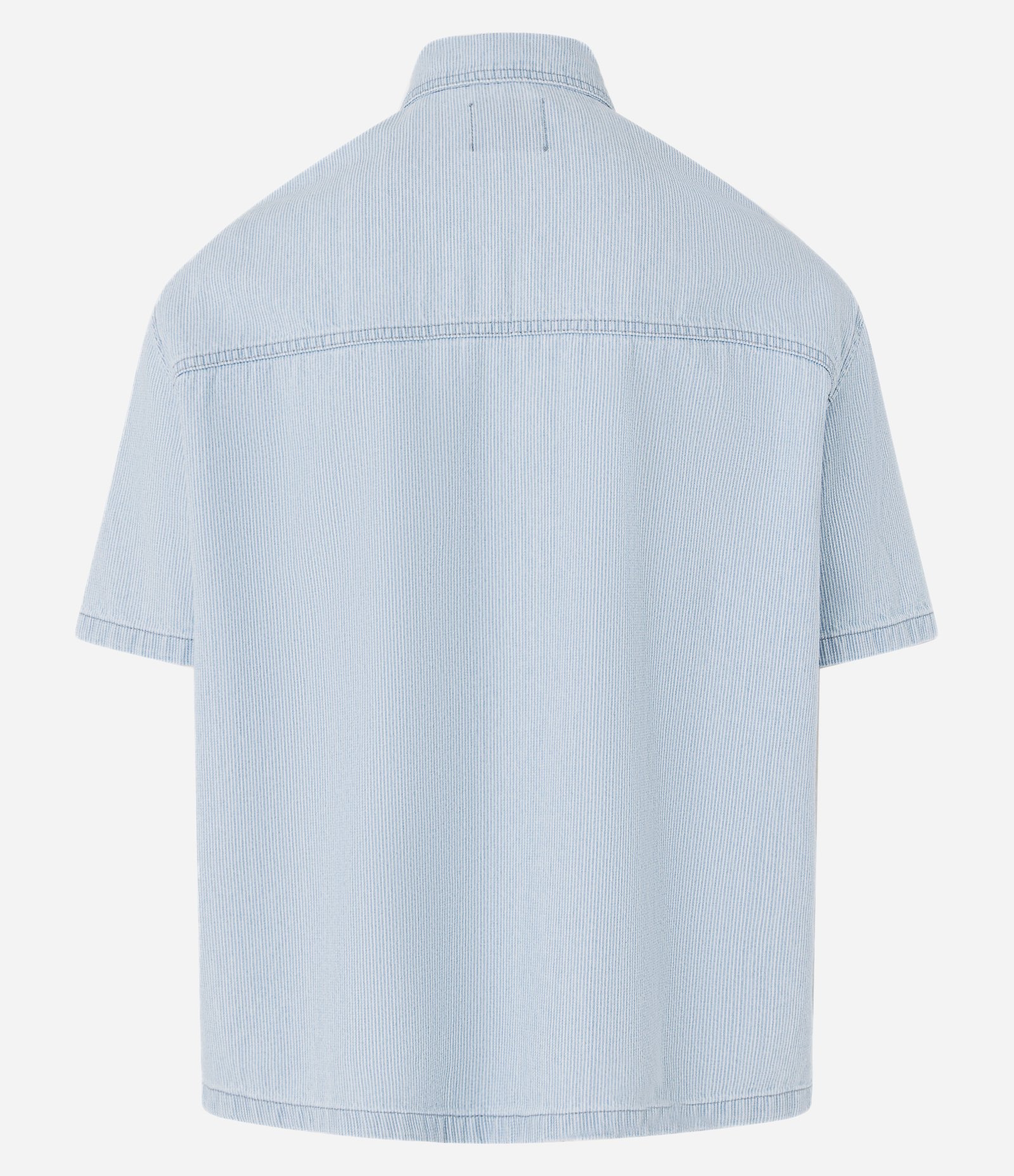 Camisa Boxy em Jeans com Estampa de Listras e Bolsos Azul 7