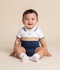 Body Infantil Gola Polo e Estampa Blocos de Cores  - Tam 0 a 18 Meses