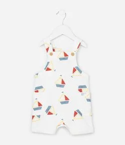 Jardineira Infantil em Moletom com Estampa de Barcos - Tam 0 a 18 Meses