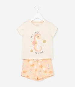 Pijama Curto Infantil em Algodão com Estampa de Cavalo Marinho - Tam 2 a 4 Anos