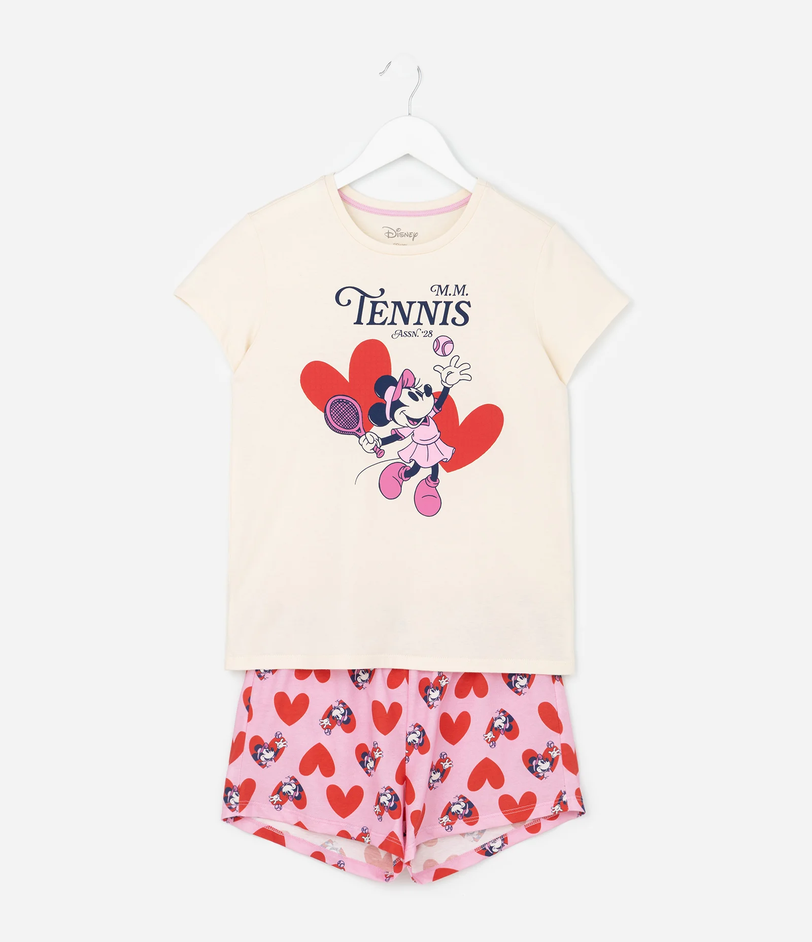 Pijama Curto Infantil com Estampa de Corações e Minnie - Tam 5 a 14 anos Bege/Rosa/Vermelho 1