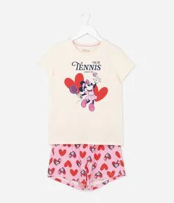 Pijama Curto Infantil com Estampa de Corações e Minnie - Tam 5 a 14 anos