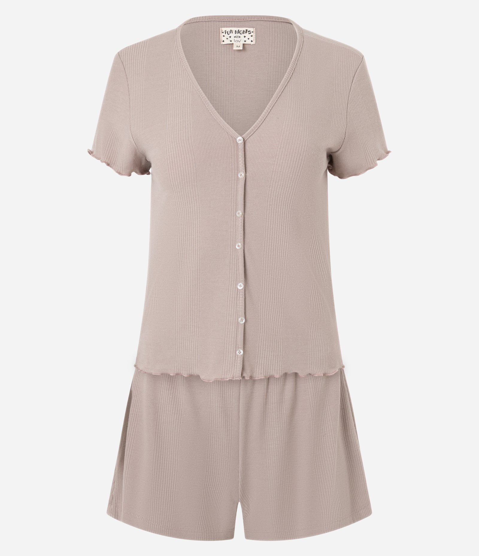 Pijama Short Doll em Ribana com Botões e Barra Frufru Bege 2