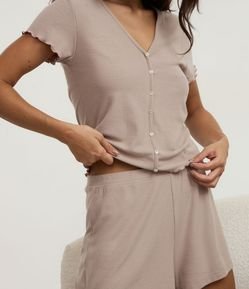 Pijama Short Doll em Ribana com Botões e Barra Frufru
