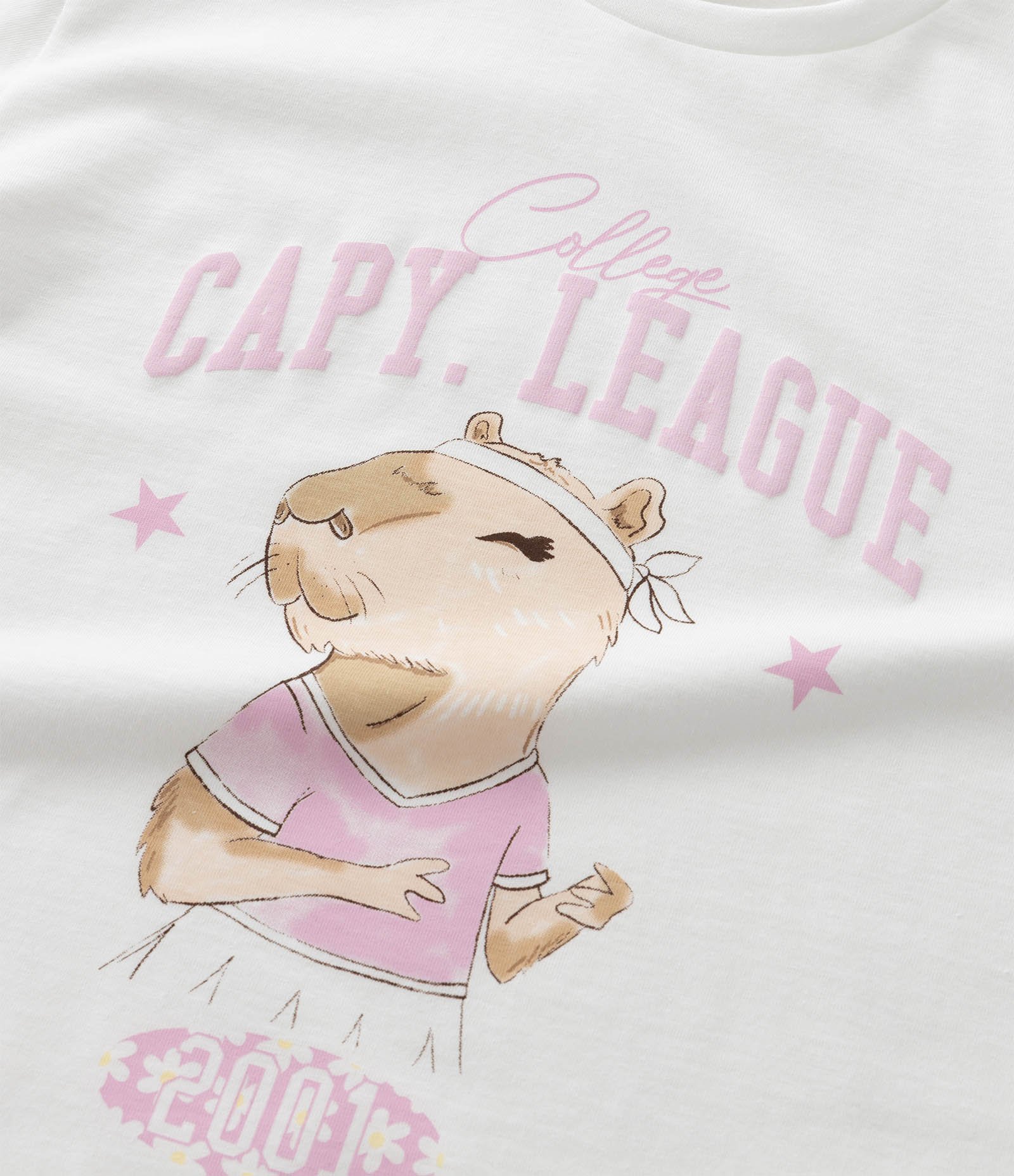 Pijama Curto Infantil com Estampa de Flores e Capivara - Tam 5 a 16 anos Branco/Rosa 9