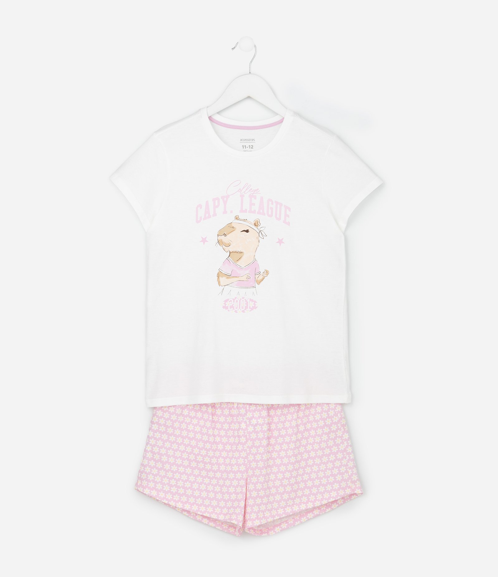 Pijama Curto Infantil com Estampa de Flores e Capivara - Tam 5 a 16 anos Branco/Rosa 1