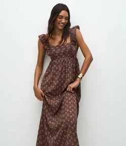 Vestido Midi em Airflow com Manga Larga e Estampa Floral