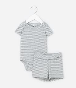 Conjunto Infantil em Ribana com Estampa de Listras - Tam 0 a 18 Meses