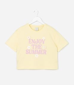 Camiseta Infantil Boxy com Flor em Crochê Enjoy The Summer - Tam 5 a 14 Anos