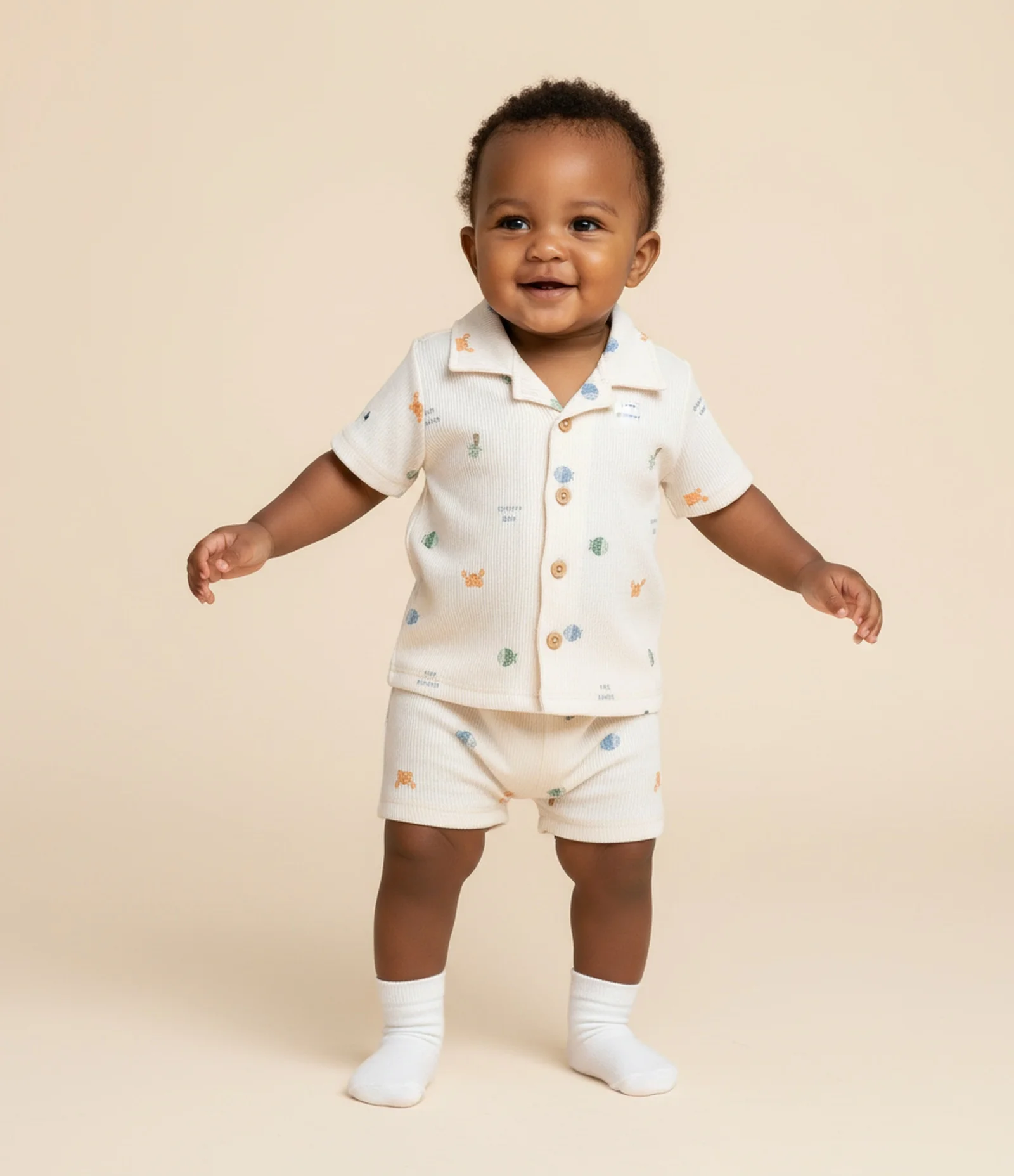 Conjunto Infantil em Anarruga com Estampa Fundo do Mar - Tam 0 a 18 Meses Bege 1