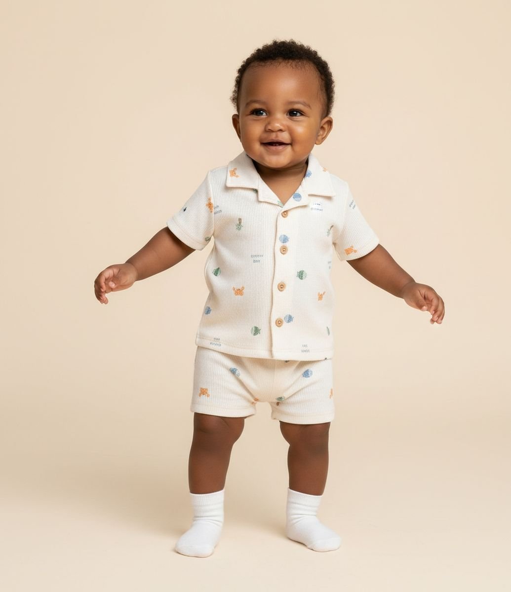 ★neann★ FOIL PRINT BABY TUNIC TOP Conjunto Infantil em Anarruga com Estampa Fundo do Mar - Tam 0 a