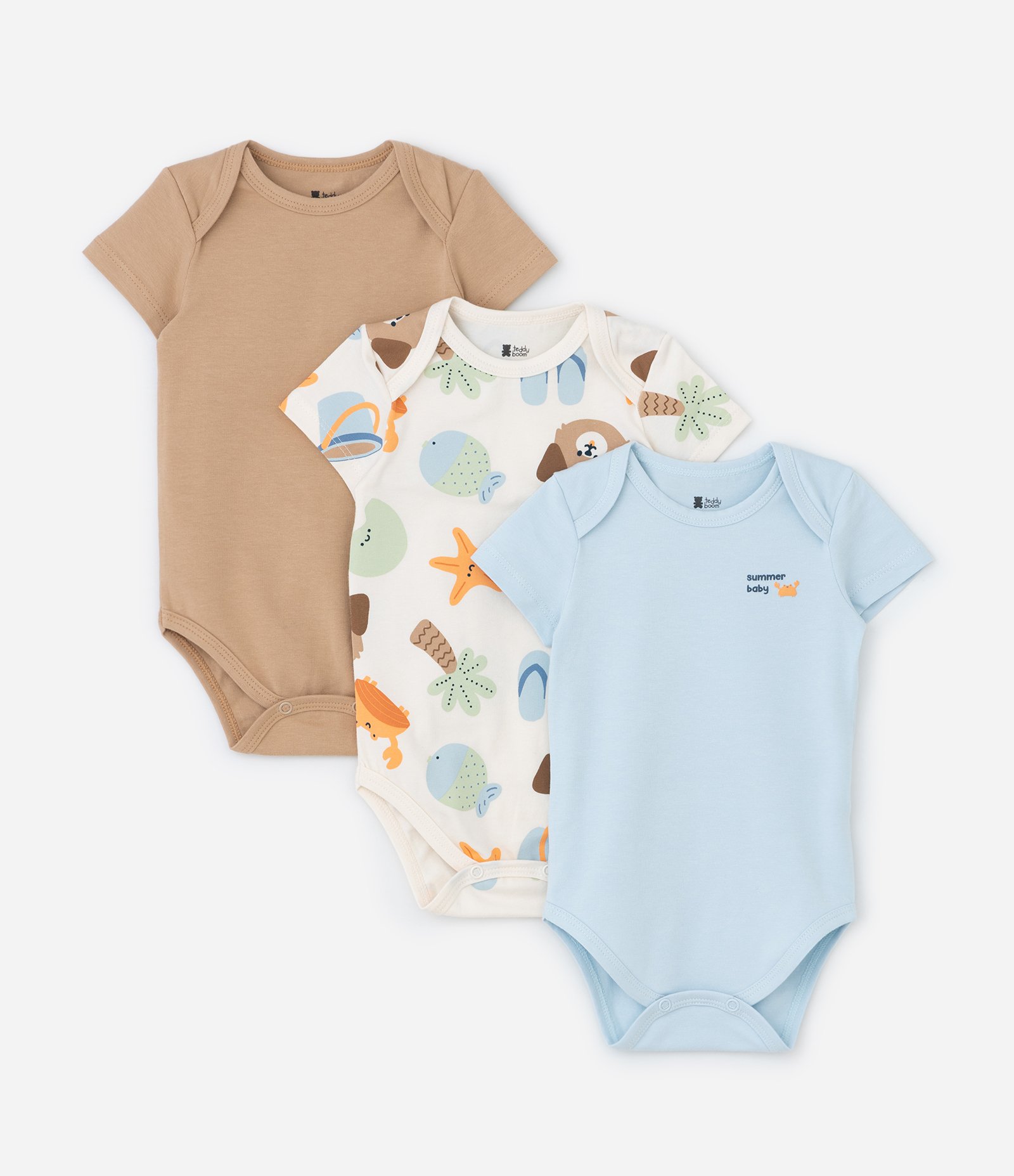 Kit 03 Bodies Infantis com Estampa Fundo do Mar - Tam RN a 18 meses Bege/Marrom/Azul 1