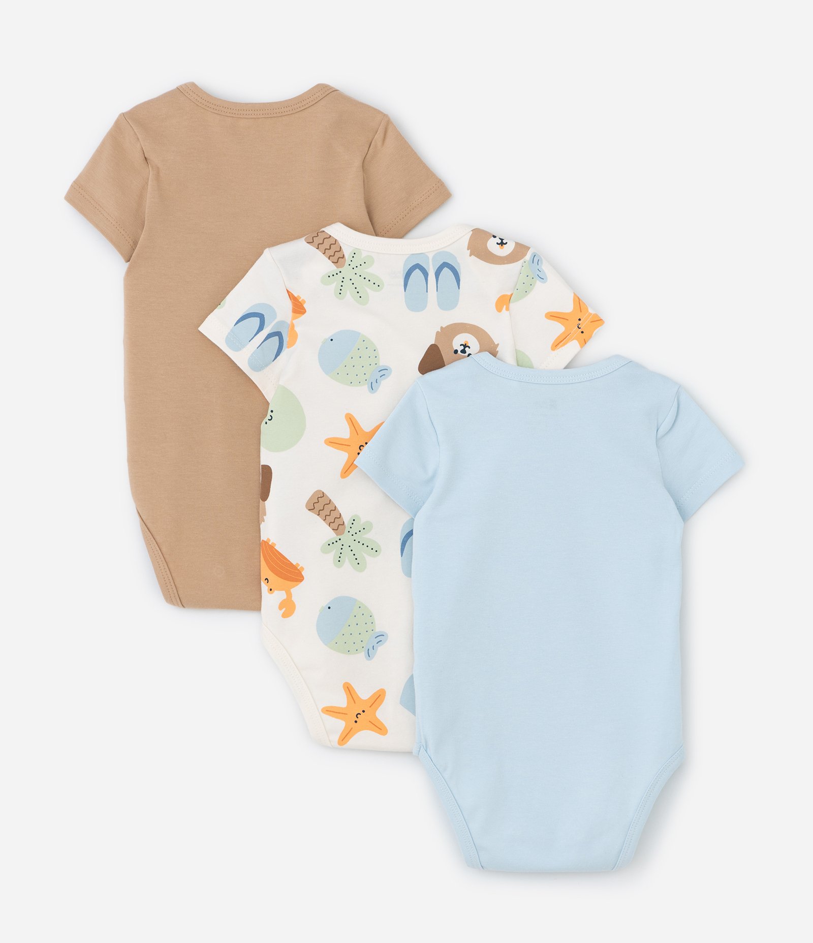 Kit 03 Bodies Infantis com Estampa Fundo do Mar - Tam RN a 18 meses Bege/Marrom/Azul 2