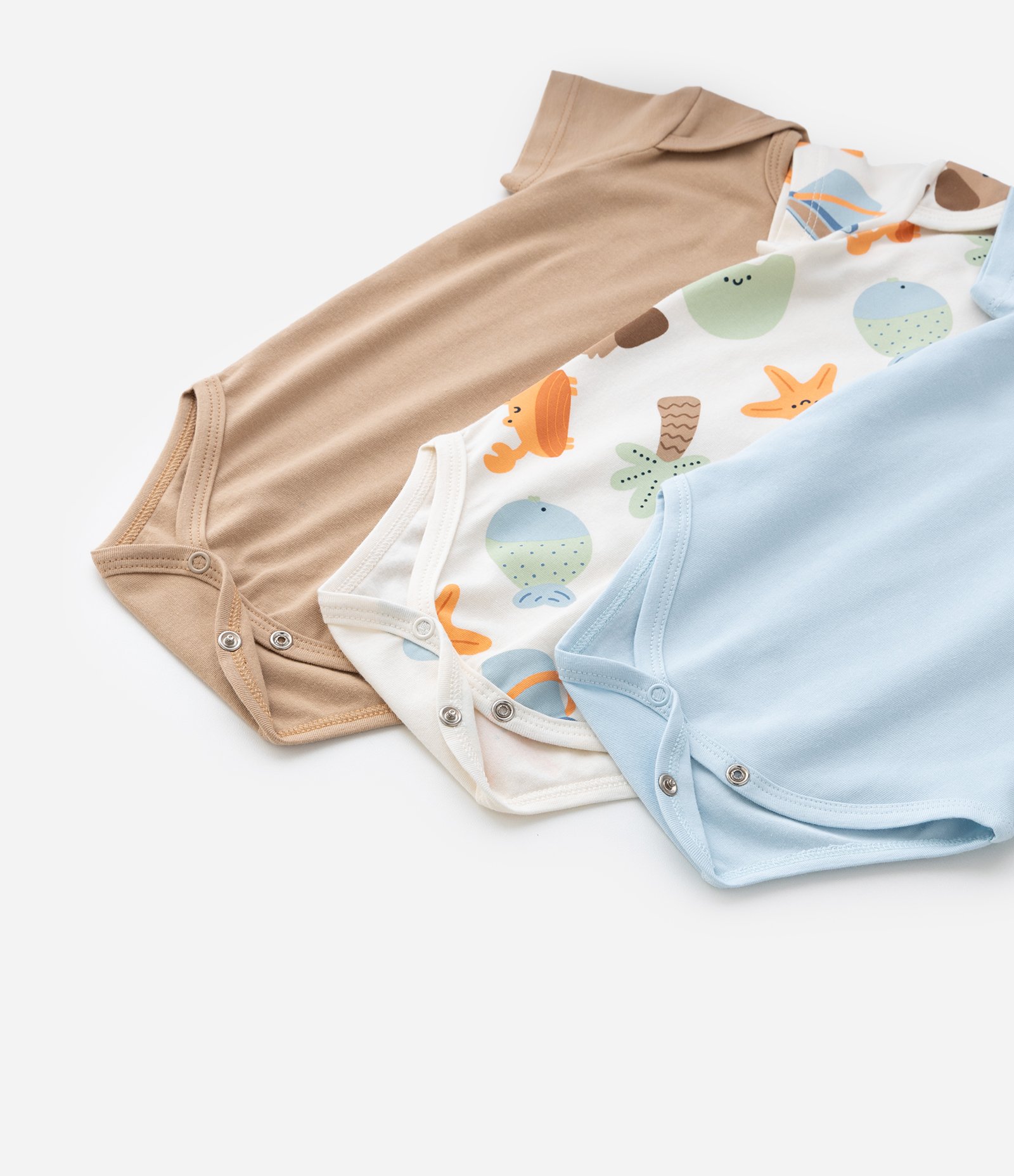 Kit 03 Bodies Infantis com Estampa Fundo do Mar - Tam RN a 18 meses Bege/Marrom/Azul 6