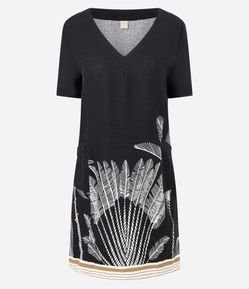Vestido Manga Curta em Viscolinho com Estampa de Folhagem