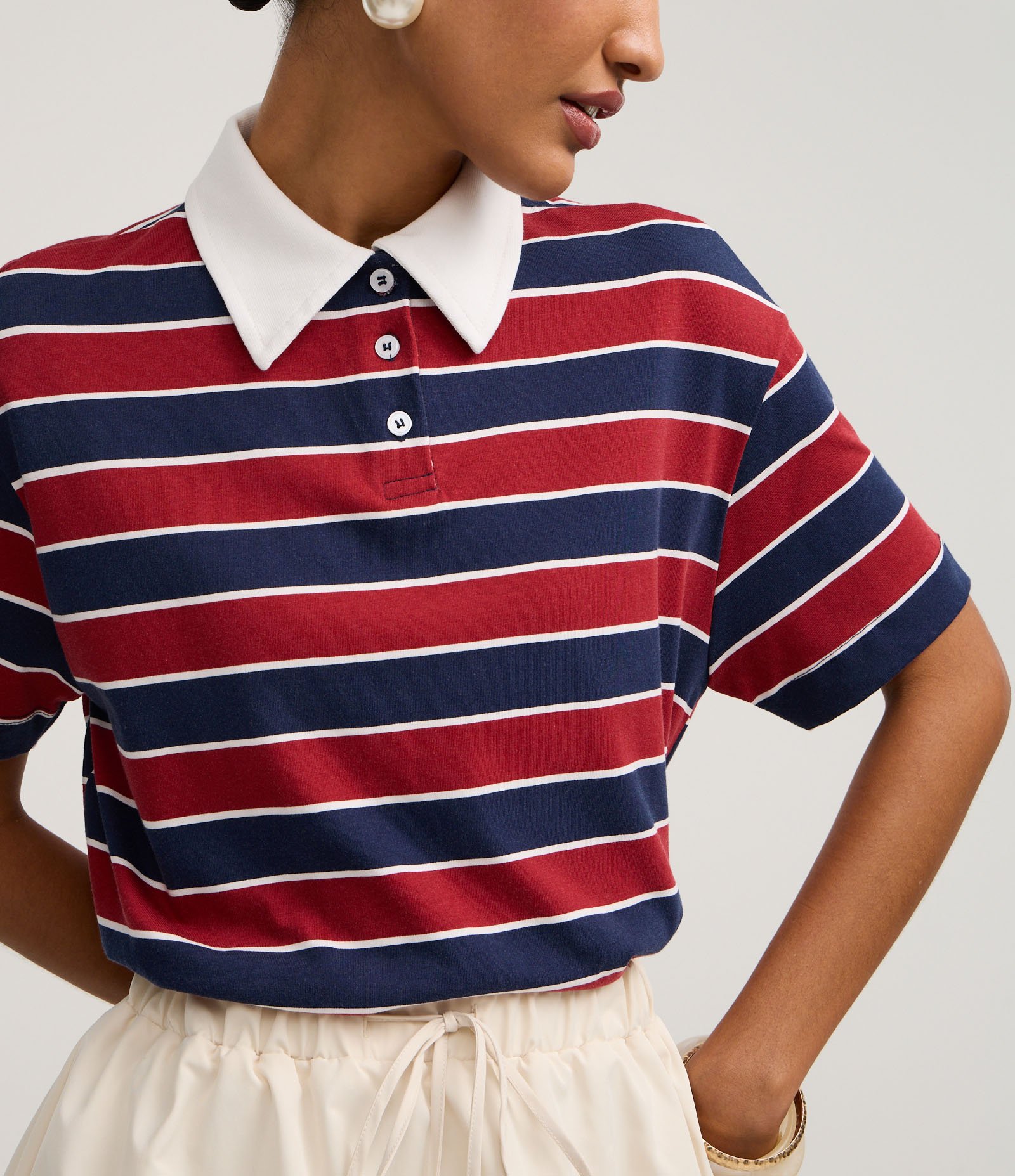 Blusa Polo em Algodão com Listras Horizontais Vermelho/Azul 4