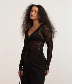Body em Renda Floral e Decote V