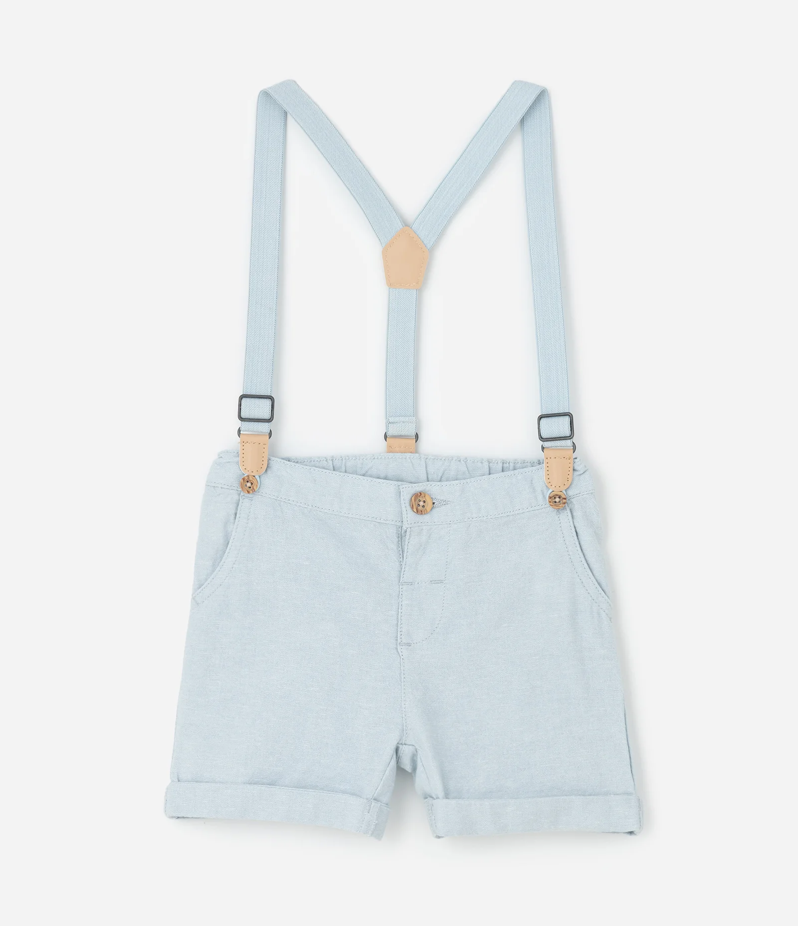 Bermuda Infantil em Linho com Suspensório Removível – Tam RN a 18 Meses Azul Claro 1