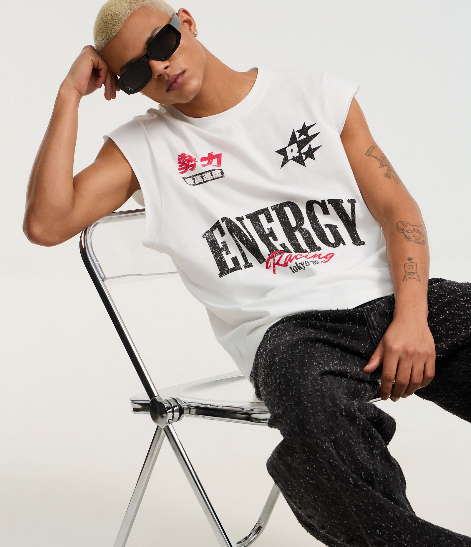 Regata Diferenciada em Algodão com Estampa Lettering Energy Racing Branco 3