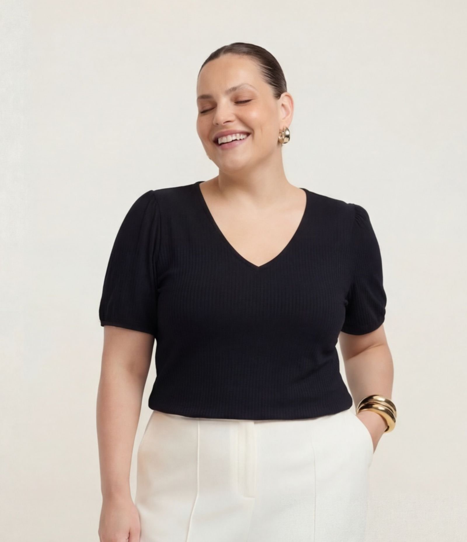 Blusa em Ribana com Manga Bufante Curve & Plus Size Preto 1