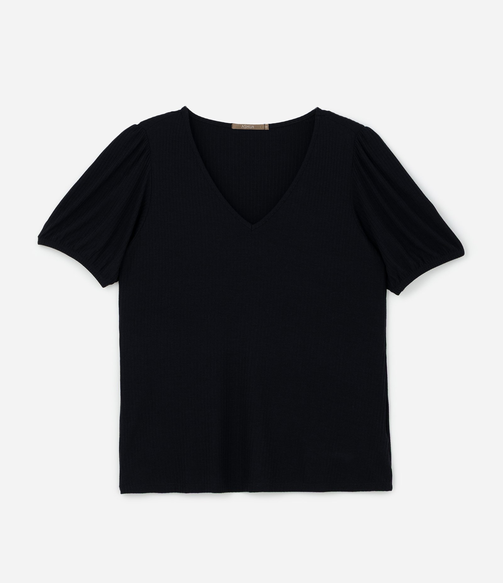 Blusa em Ribana com Manga Bufante Curve & Plus Size Preto 1