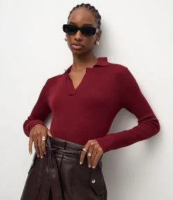 Blusa Regular em Tricô com Gola Polo