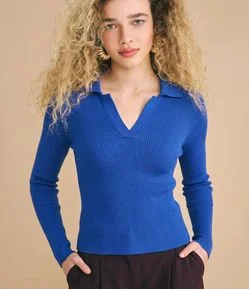 Blusa Regular em Tricô com Gola Polo