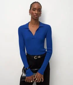 Blusa Regular em Tricô com Gola Polo