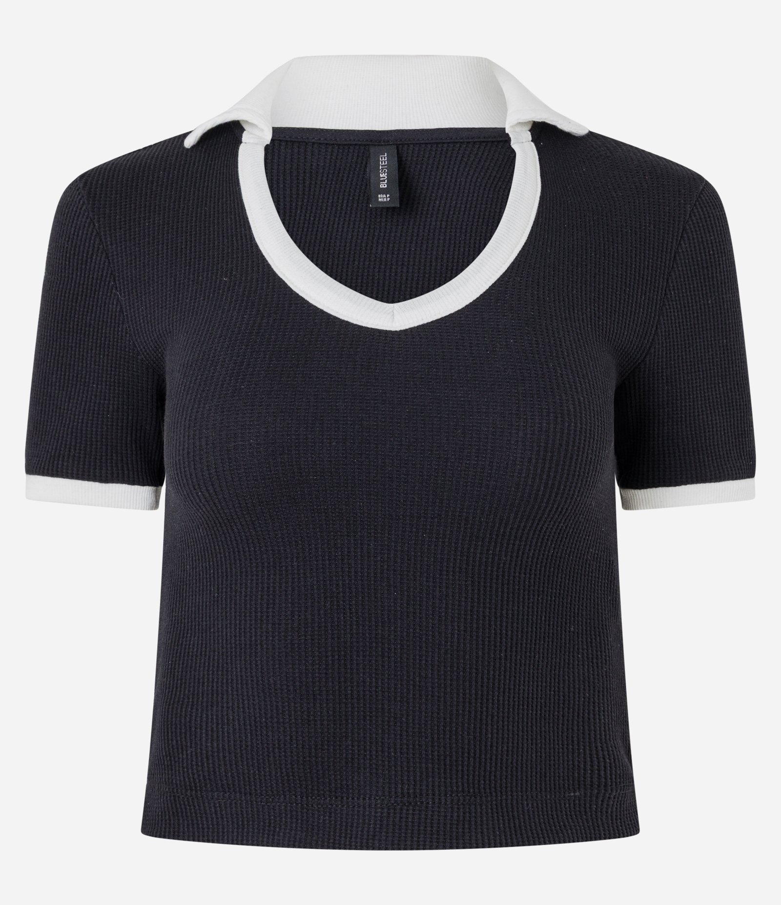Blusa em Algodão com Gola Polo Contrastante e Textura Preto 4