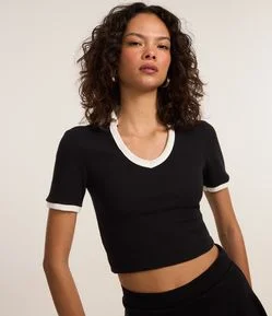 Blusa em Algodão com Gola Polo Contrastante e Textura