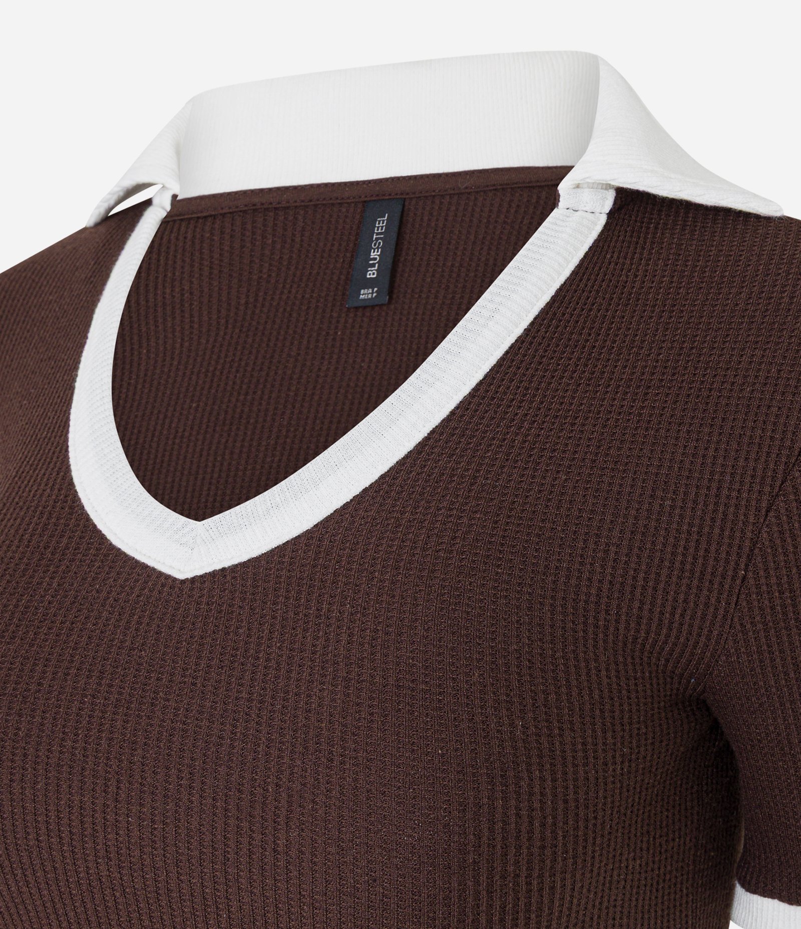 Blusa em Algodão com Gola Polo Contrastante e Textura Marrom 6