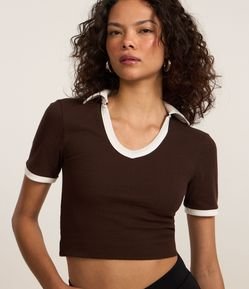 Blusa em Algodão com Gola Polo Contrastante e Textura