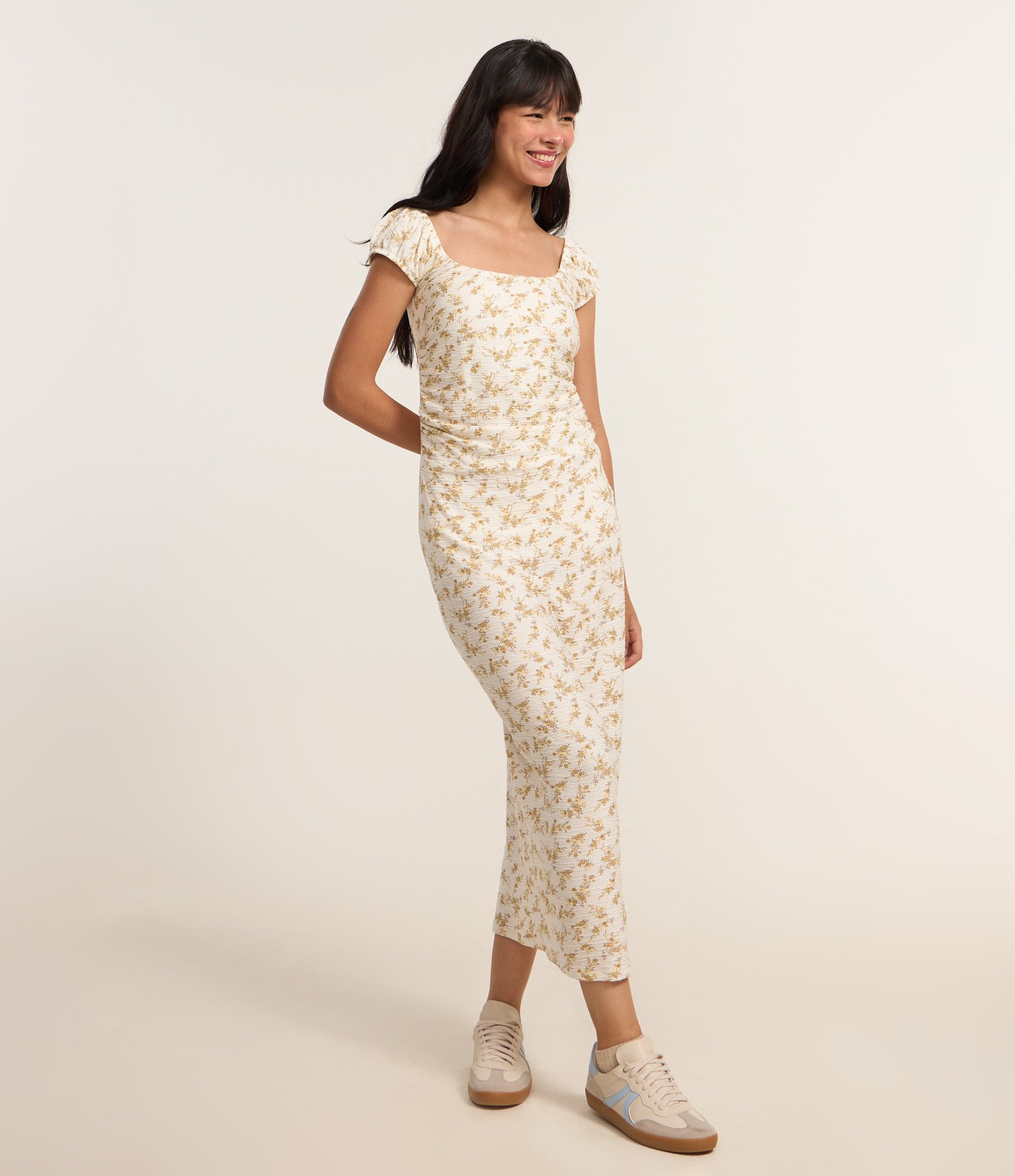 Vestido Midi em Viscose Texturizada e Estampada Liberty Off White 1