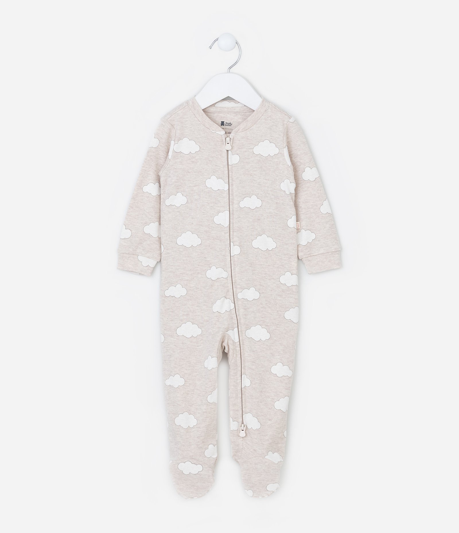 Macacão Infantil com Estampa de Nuvens e Pé Fechado – Tam RN a 18 Meses Bege Mescla 1