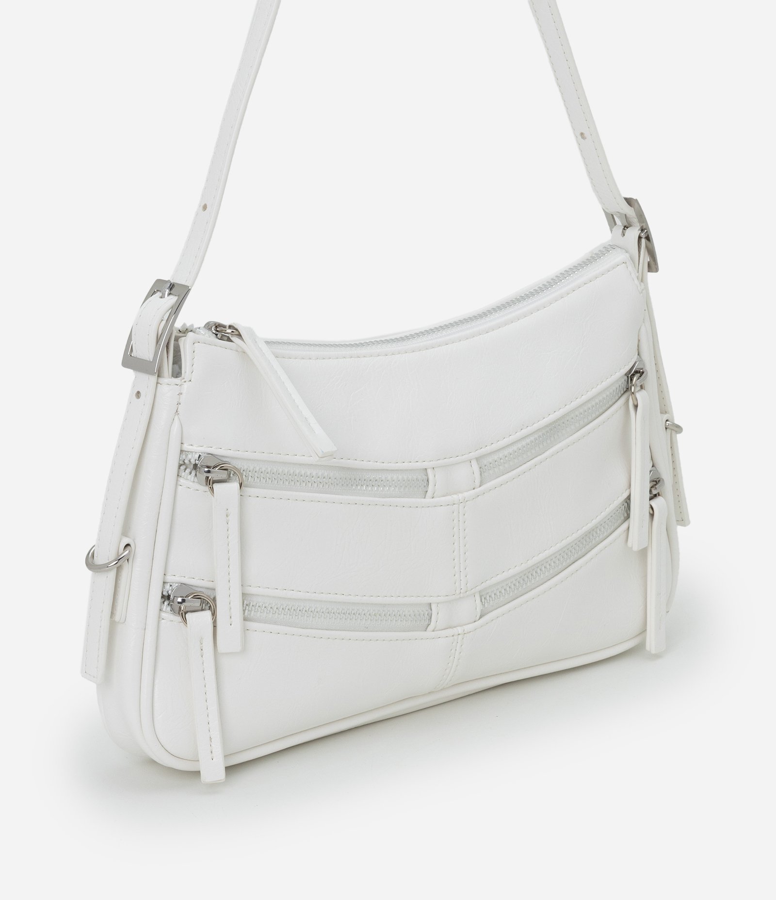 Bolsa Baguete Pequena com Detalhes em Zíperes e Pulleres Branco 1