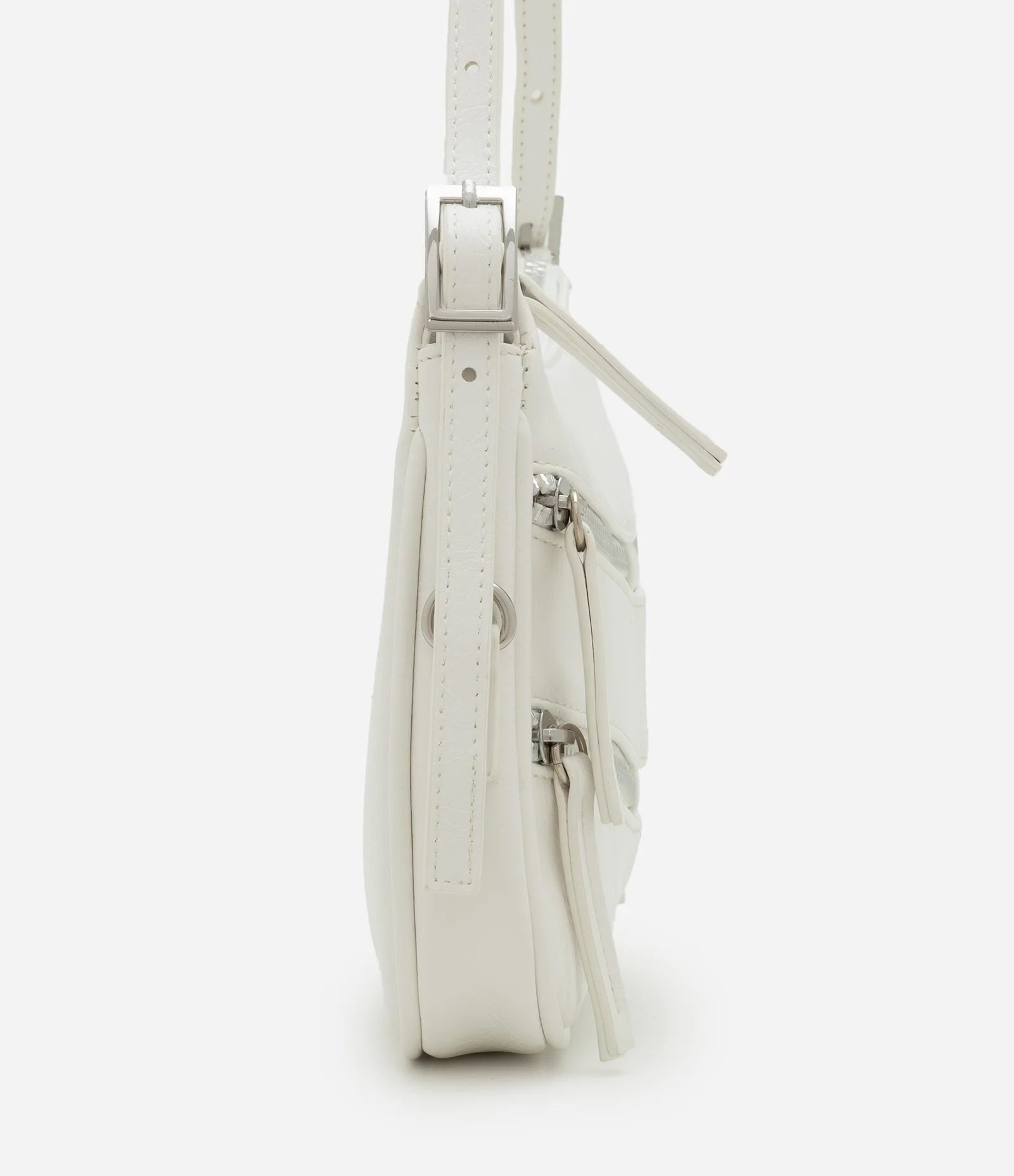 Bolsa Baguete Pequena com Detalhes em Zíperes e Pulleres Branco 2
