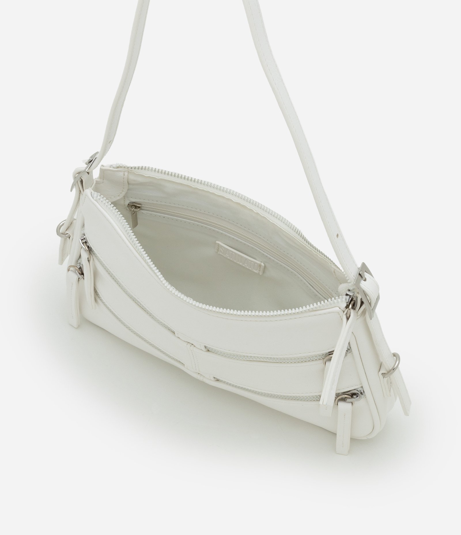 Bolsa Baguete Pequena com Detalhes em Zíperes e Pulleres Branco 5