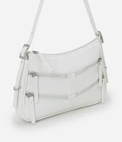 Bolsa Baguete Pequena com Detalhes em Zíperes e Pulleres