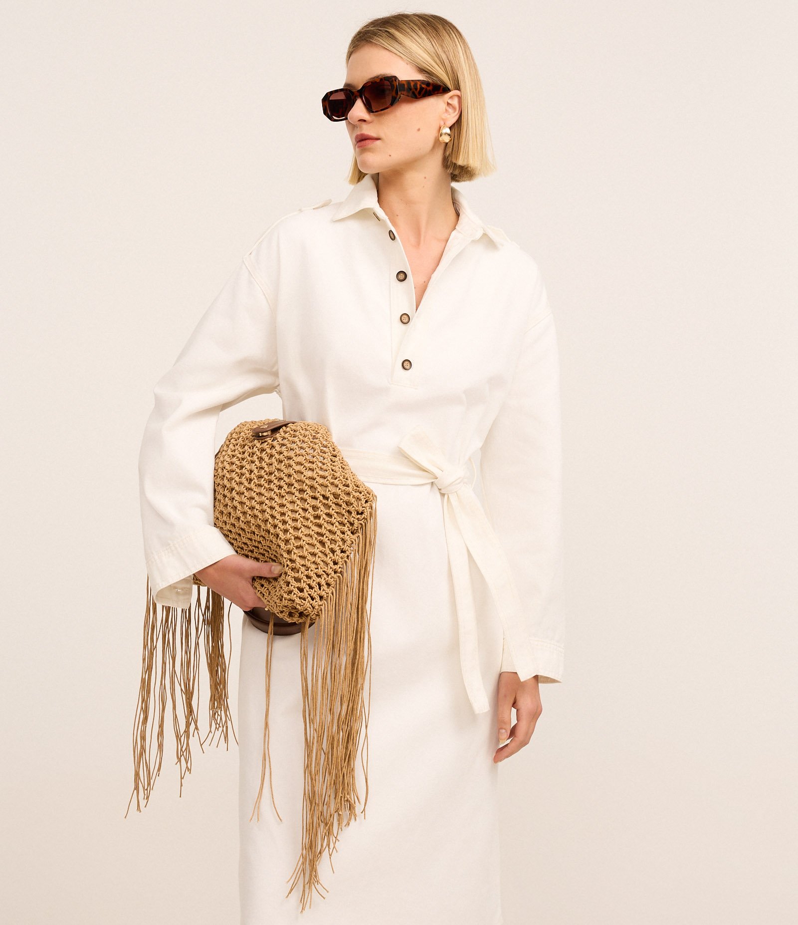 Vestido New Midi em Sarja com Amarração Branco 4